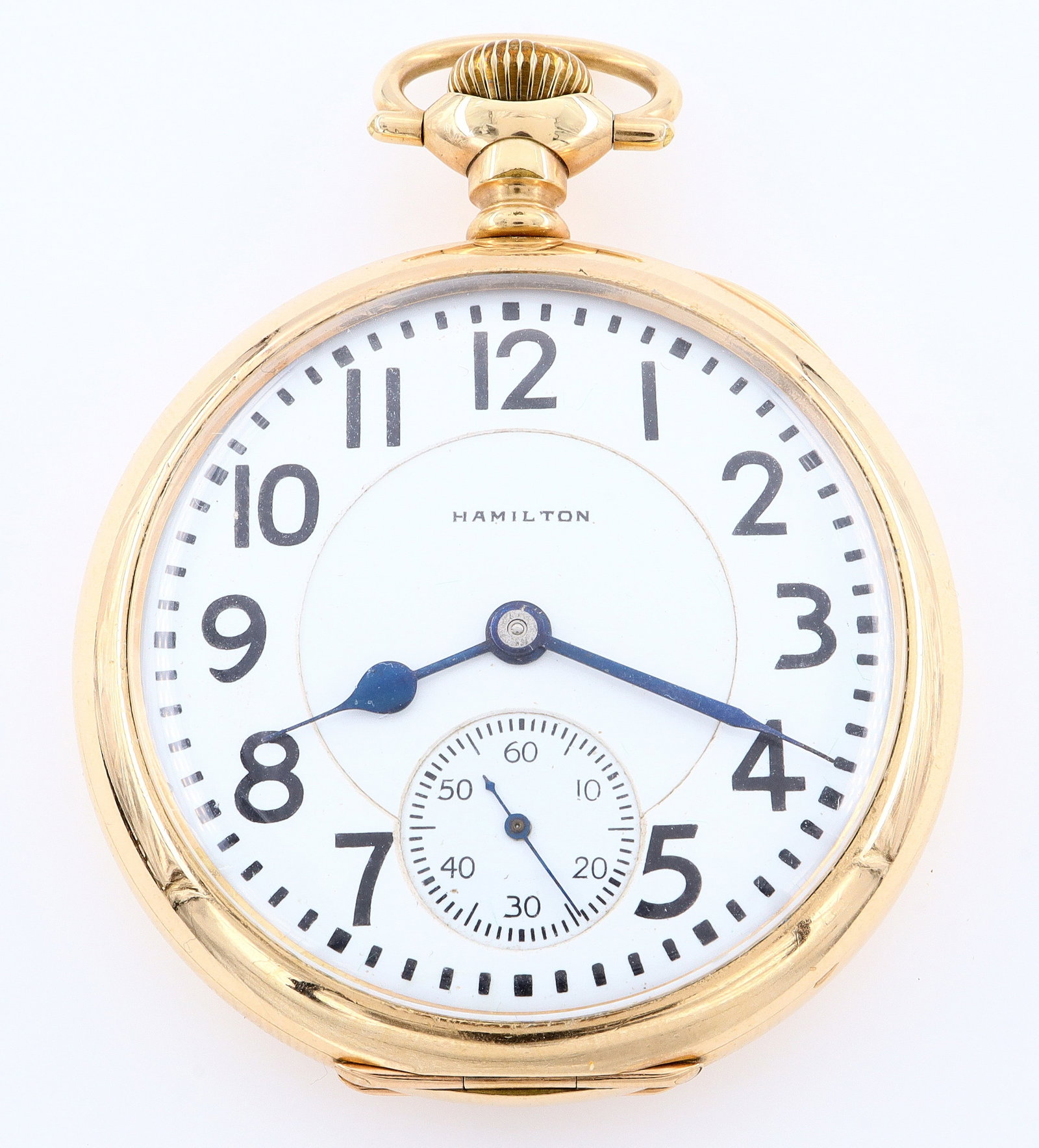 Hamilton 992 Railroad Watch: A Hamilton model 992 Railroad watch. 16 size, 3/4 plate, 21j, Adj temp & 5 pos, DR, GJS, Gold center wheel, DMK, SW, LS, CWC Co GF, OF, porcelain DSD with Arabic numerals marked "Hamilton", serial #15