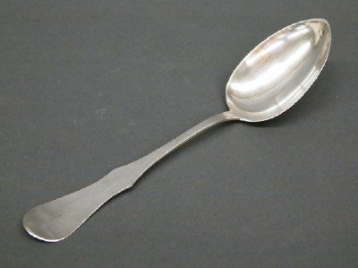 C Heise Serving spoon: A .826 Silver serving spoon by Christian F. Heise, Copenhagen, 1919. Fiddle shaped hammered handle. Some wear, monogrammed. 2.20 troy ozs. ESTIMATE $50-75