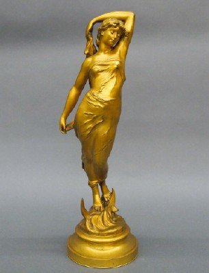 Gilded Bronze figure: Emile LaPorte, French, 1858-1907, a casting by Francois Linke, French, 1855-1946. A Gilded Bronze figure of Venus, depicted standing on a crescent, rising from the sea. Incised signatures "LaPorte" an