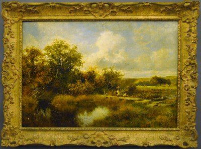 D Bates landscape: David Bates, British, 1840-1921. Oil on canvas landscape with children on a wooden bridge with a farm and hills in the distance. Signed and dated "David Bates, 1879" lower right. Lined, craquelure, so