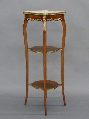 French plant stand: A turn of the century French Louis XV style three tiered plant stand. Shaped White marble top with Brass gallery and Bronze mounts on tall cabriole legs with two shaped lower shelves. Refinished with 