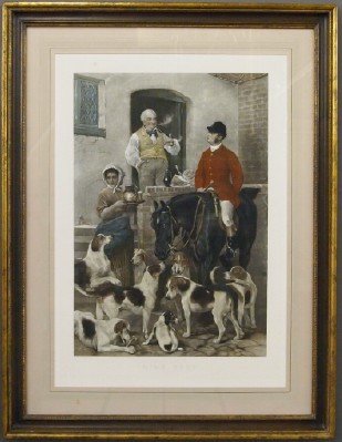 A C Alais engraving: Alfred Clarence Alais, British, late 19th century. A hand colored engraving after a painting by Edwin Douglas entitled "Mine Host" depicts a huntsman and his hounds at a local tavern. Minor discolorat