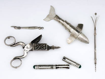 5 Silver Items Incl. Judaica: Five 20th century Silver items, mostly Judaica. Includes an articulated fish form spice holder, an Austrian candle snuffer with engraved Star of David, a Russian engraved Torah scroll holder with
