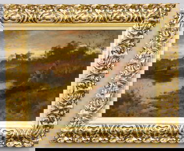 J. Paulman Landscape with Figures: Joseph Paulman, English, 19th century. A late 19th century oil on canvas landscape. Depicts a riverbank at dusk with two female figures and a man on a row boat with a small village in the distance.