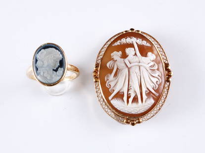 2 pc 14k Gold Cameo Jewelry: Two pieces of Cameo jewelry with 14k Gold frames. Includes a carved shell "Three Graces" brooch with filigree frame, and a carved Blue Agate portrait ring on a simple band. Ring marked "14k",