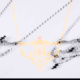 14k Gold & Garnet Necklace: A vintage Art Nouveau style 14k Gold and Garnet necklace. Features a scrolled pendant with faceted Garnet stones. Marked "585" at clasp, pendant also tested 14k. 6.1 grams total. Minor wear. 21"