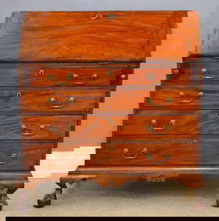 Boston Slant Top Desk: An 18th century Boston area Chippendale Period slant top desk. Mahogany construction with Pine secondary features a dovetailed case with a molded fold down writing surface which opens to reveal a