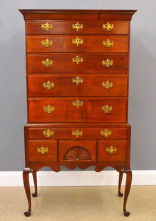 American Queen Anne Highboy: An 18th century American Queen Anne Period highboy, probably Connecticut origin. Maple construction with Pine secondary features an upper section with molded crown over five long dovetailed drawers
