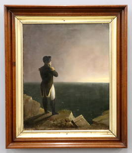 After B.R. Haydon Painting of Napoleon: A 19th century oil on canvas painting after Benjamin Robert Haydon (English, 1786-1846), titled "Napoleon Bonaparte Musing at St. Helen". Repairs to canvas mid right and upper center, some in-painting