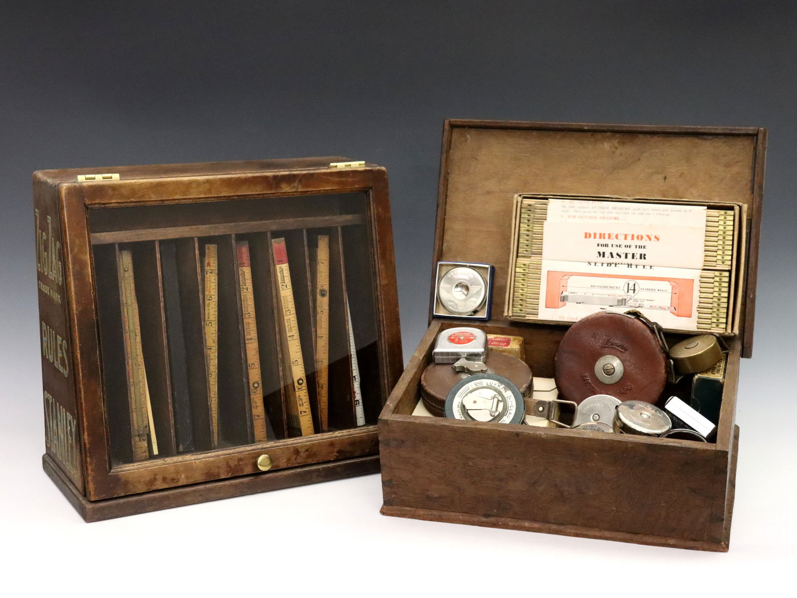 Stanley Display Case with Collection of Rules & Tape Measures (1 of 3)
