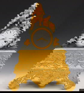 French Empire Bronze Mantel Clock: An early 19th century Empire Period gilded Bronze mantel clock by Baschet & Baullier, Paris. 8-day time and strike movement with silk thread suspension, porcelain dial and Roman numerals marked "Bry