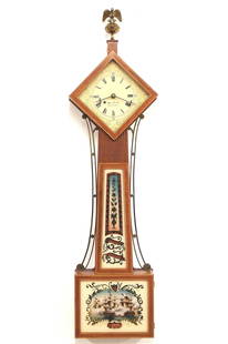 Wayne Cline Banjo Clock: A Reproduction Diamond head Banjo clock by "Wayne R. Cline, Bowling Green, KY.". 8-day Brass time only weight driven movement with a painted metal dial. Daniel Munroe style "Diamond head" case in