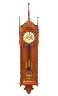 Gothic Revival 3 Weight Vienna Wall Clock: A late 19th century Gothic Revival three weight Vienna Regulator wall clock. 8-day weight driven time and strike movement with quarter hour Grand Sonnerie chime and Brass dial with porcelain chapter r