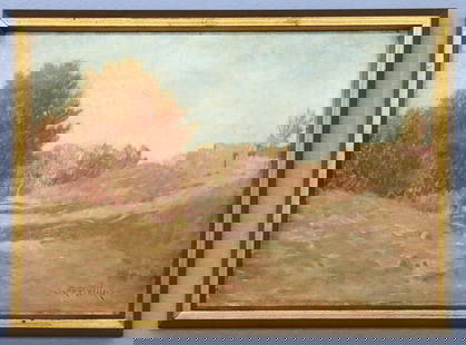W.E. Rollins Taos NM Landscape: Warren E. Rollins, American, 1861-1962. An early 20th century oil on canvas landscape of Taos, New Mexico. Signed "W.E. Rollins" lower right, additionally signed, annotated and dated "1908" verso. 
