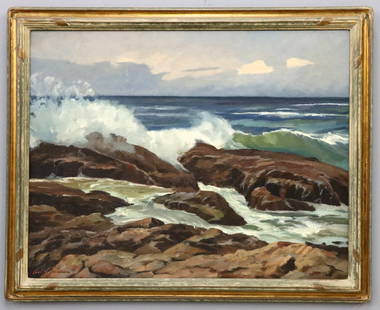 C. Hoerman California Seascape: Carl Hoerman, German/American, 1885-1955. An early 20th century oil on canvas seascape, titled "California Shores (Laguna Beach)". Signed "Carl Hoerman" lower right, titled at label verso. 