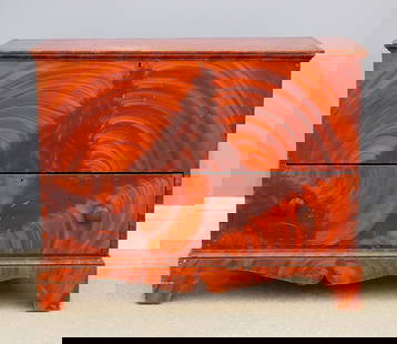 American Mule Chest: A 19th century American painted mule chest. Poplar construction with molded lift-up top over a single lower drawer on a molded base with cut out bracket feet. Original painted finish with some wear, w