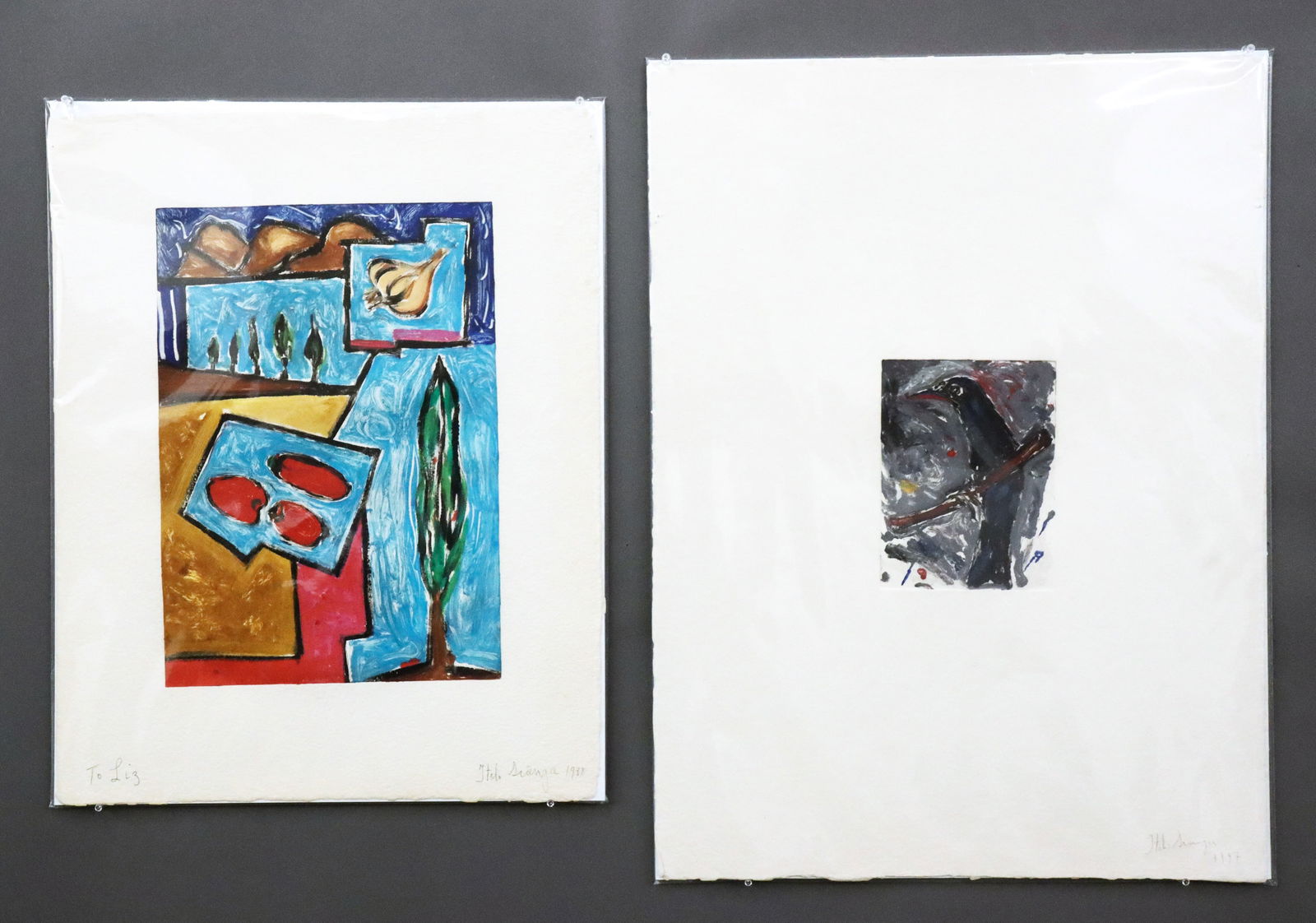 2 Italo Scanga Monotypes: Italo Scanga, Italian/American, 1932-2001. Two 1980's monotypes in color on Tullis Workshop paper, printed and published by Garner Tullis, Santa Barbara. One depicts an abstracted landscape with trees