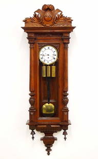 3 Weight Vienna Regulator: A 19th century Vienna Regulator wall clock retailed by Lechner Yozsef, Budapest. 8-day weight driven time and strike movement with quarter hour Grand Sonnerie chime, two-part porcelain dial with Roman