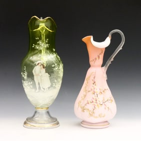 2 Victorian Art Glass Pitchers