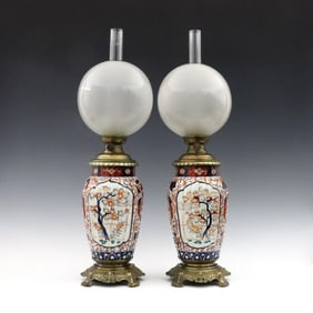 Pr Japanese Imari Oil Lamps