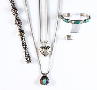 5 pc Sterling Jewelry: Five pieces of Sterling Silver jewelry. Includes an Asch Grossbardt necklace and bracelet with inlaid stones set in 18k Gold, a John Atencio heart pendant necklace with 18k Gold accents, a similar rin