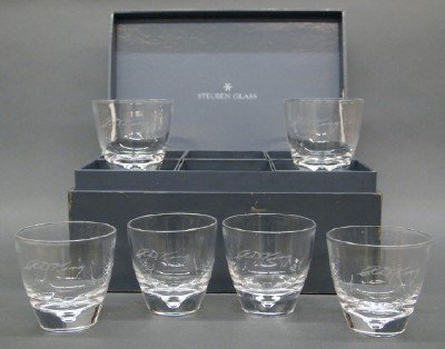 6 Steuben glasses: Six 20th century Steuben Crystal glasses. In the original Steuben/Wright Kay, Detroit box with individual covers. Each glass personalized with etched "R D King" on side. Inscribed "Steuben" marks. Sli