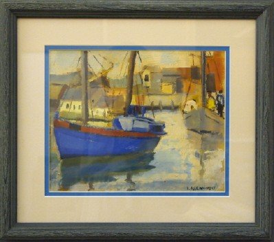 I Abramofsky harbor scene: Israel Abramofsky, Toledo, Ohio, 1888-1934. Oil on artist's board harbor scene with fishing boats along a dock. Signed lower right "I. Abramofsky". No damage. Image 8 x 10", in a modern frame 15 3/4 x