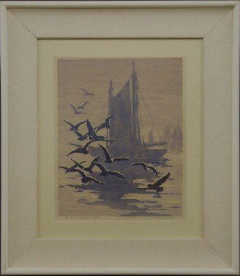 T Lindenmuth woodcut: Tod Lindenmuth, American, 1885-1976. Woodcut on paper entitled "Gulls and the Fishing Fleet". Sogned and titled in pencil lower margin. No damage. Image 12 x 16", framed 23 x 26" overall. ESTIMATE $40