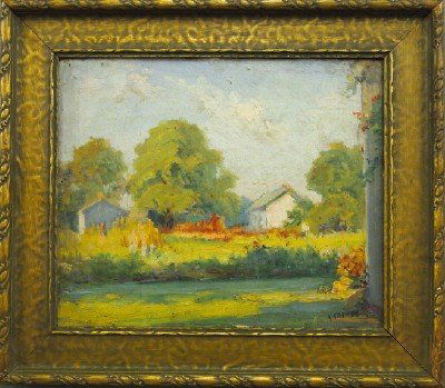 K Kappes landscape: Karl Kappes, Toledo, Ohio, 1868-1943. Oil on artist's board landscape with summer flowers and White frame houses. Signed lower right "K. Kappes". Surface grunge, several small pin holes at edges. Imag