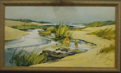 J C Hare beach scene: John Cuthbert Hare, American, 1909-1978. Oil on canvas beach scene entitled "Harbor Inlet" depicts two young boys exploring at waters edge. Signed "John Hare" lower right. Slight surface accumulation,