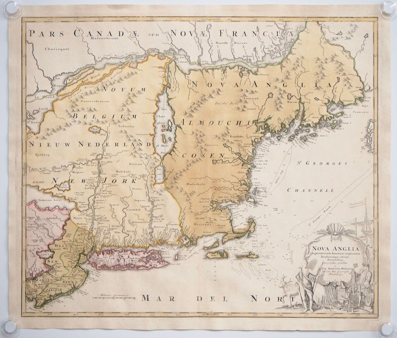 1716 Map By J.B. Homann: An 18th century map entitled "Nova Anglia Septentrionali Americae implantata Anglorumique coloniis florentissima" by Johann Baptist Homann, 1716. Hand-colored engraving on paper. Second State depicts