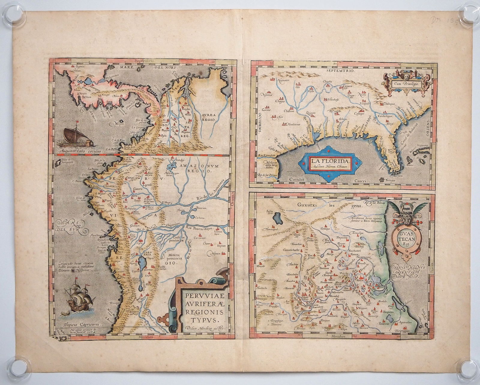 1612 Map By A. Ortelius: A 17th century map entitled "Pervviae avriferae regionis typus - La Florida - Gvastecan" by Abraham Ortelius, 1612. Hand-colored engraving on paper. Three engraved maps on a single sheet, depicting Pe