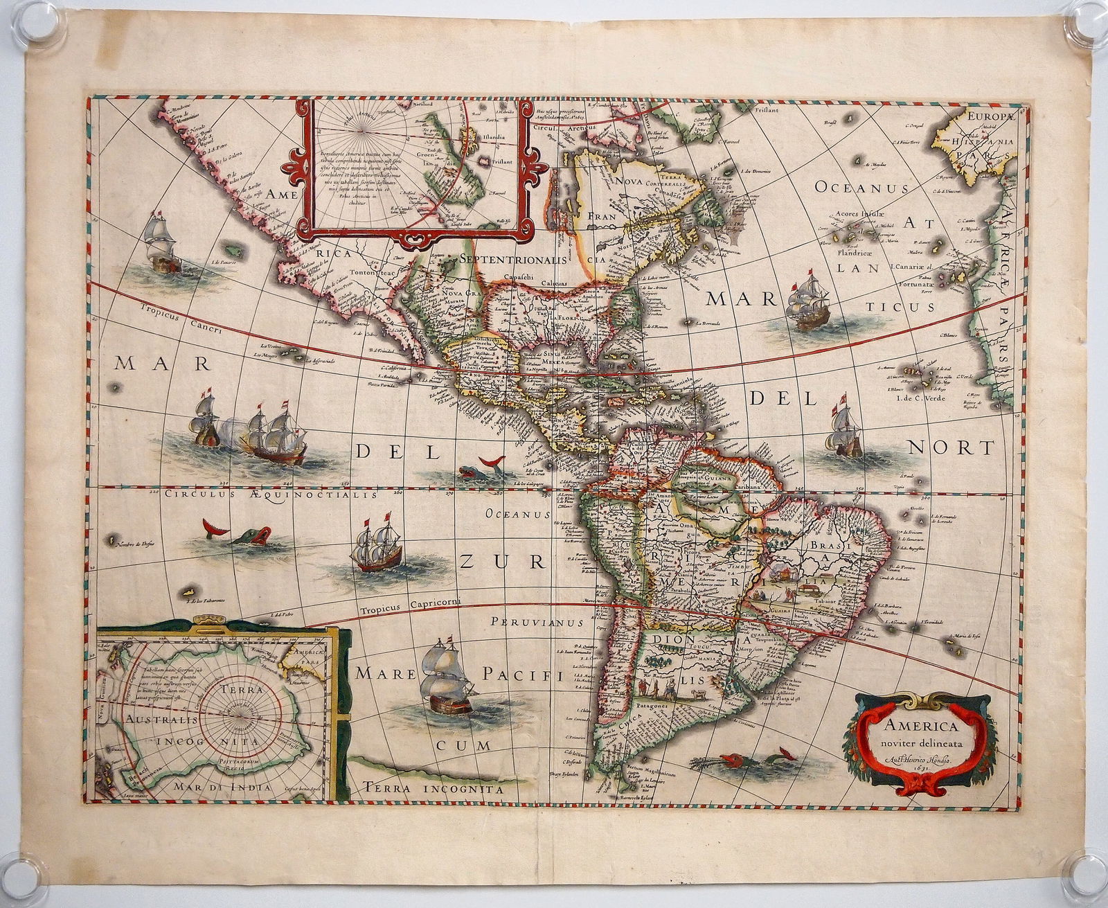 1631 Map By H. Hondius: A 17th century map entitled "America noviter delineata Auct: Henrico Hondio 1631" by Henricus Hondius, 1631. Hand-colored engraving on paper. Depicts The Western Hemisphere with North and South Americ