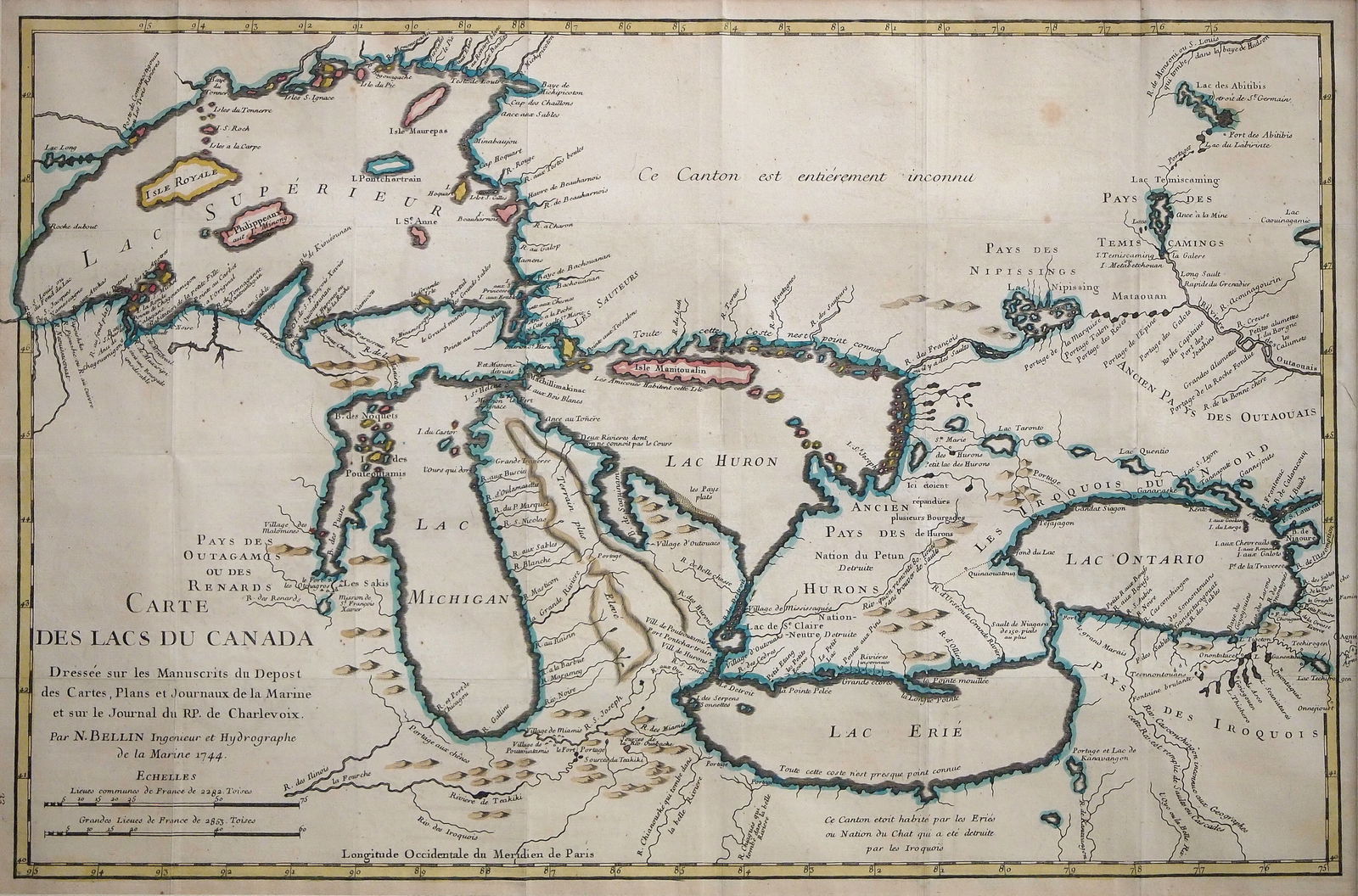 1744 Map By J.N. Bellin: An 18th century map entitled "Carte Des Lacs Du Canada" by J. N. Bellin, 1744. Hand-colored engraving on paper. Depicts the French Canadian Territory centered on Michigan and the Great Lakes along wit