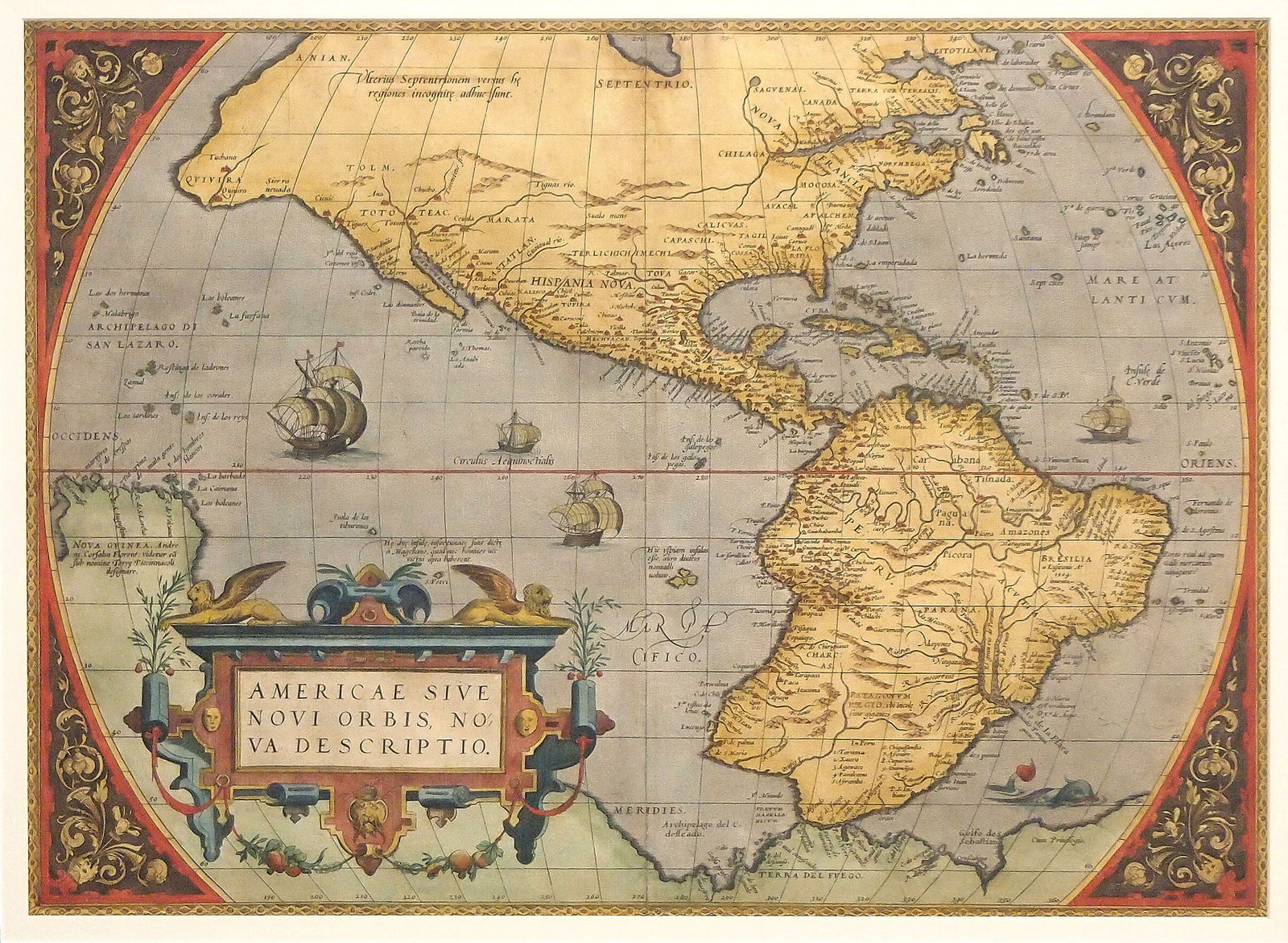 1570 Map By Abraham Ortelius: A 16th century map entitled "Americae Sive Novi Orbis, Nova Descriptio", Second State from the 1570 edition by Abraham Ortelius' "Theatrum Orbis Terrarum". Hand-colored engraving on paper. Depicts the