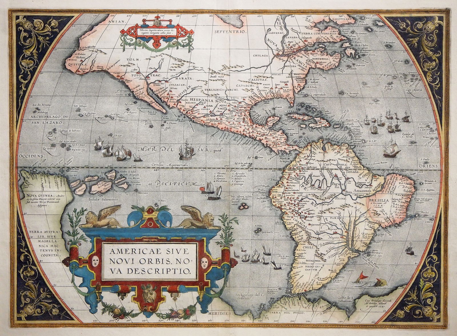 1587 Map By Abraham Ortelius: A 16th century map entitled "Americae Sive Novi Orbis, Nova Descriptio", Third State (with "California") from the 1587 edition by Abraham Ortelius' "Theatrum Orbis Terrarum". Hand-colored engraving on