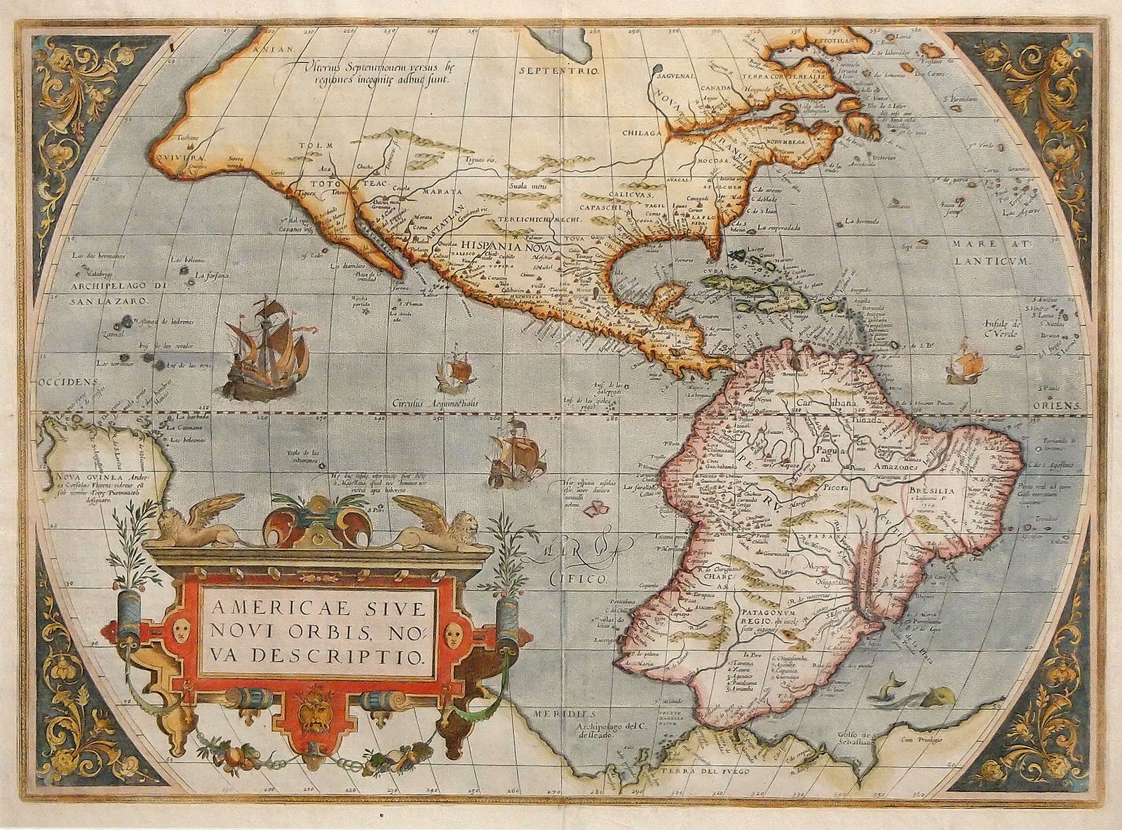 1579 Map By Abraham Ortelius: A 16th century map entitled "Americae Sive Novi Orbis, Nova Descriptio", Second State (Strapwork outer border replaced with a series of half circles) from the 1579 edition by Abraham Ortelius' "Theatr