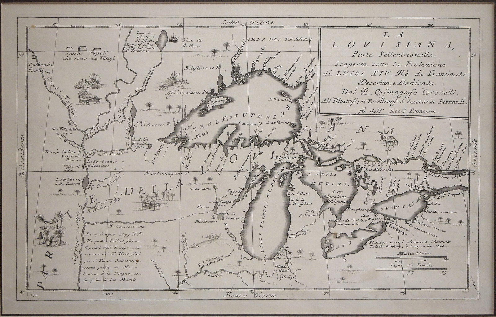 1691 Map By V.N. Coronelli: A 17th century map entitled "La Louisiana, Parte Settentrionalle, Scoperta sotto Protettione di Luigi XIV, Re di Francia " by V. N. Coronelli, 1691. Engraving on paper. Depicts the Louisiana Territory