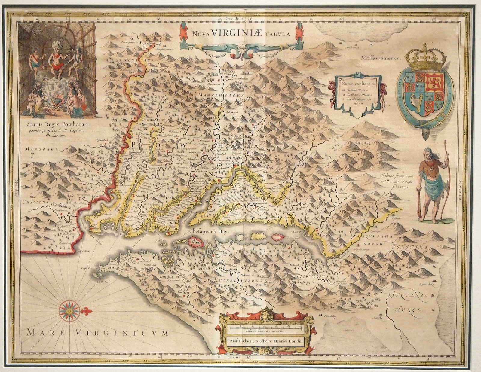 1666 Map By W.J. Blaeu: A 17th century map entitled "Nova Virginiae Tabula" based on James Smith's map of Virginia, first engraved by Jodocus Hondius in 1618 and purchased by Blaeu following Hondius' death in 1629, this edit