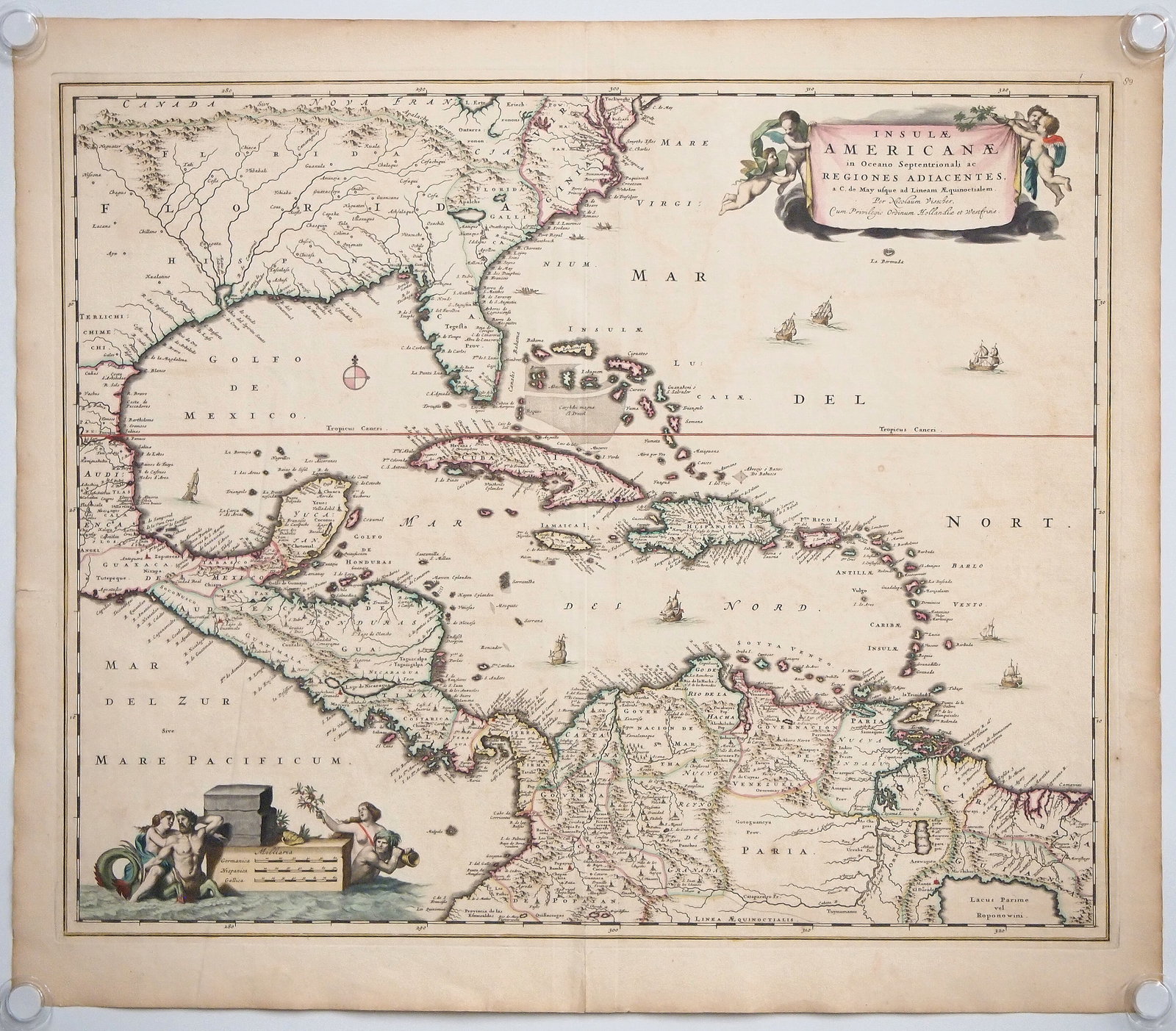 1680 Map By N. Visscher I: A 17th century map entitled "Insulae Americanae in Oceano Septentrionali ac Regiones Adiacentes, a C. de May usque ad Lineam Aequinoctialem ." by Nicolaes Visscher I, 1680. Hand-colored engraving on p