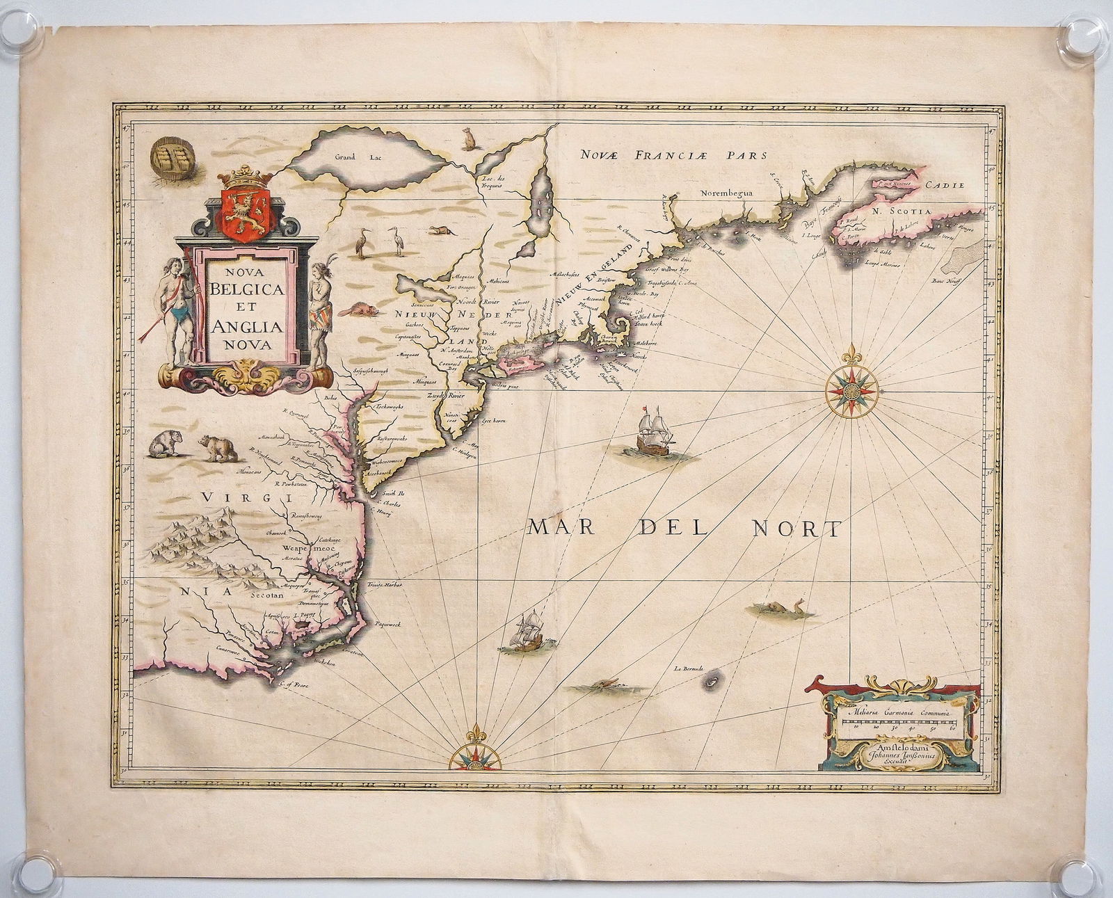 1644 Map By J. Jansson: A 17th century map entitled "Nova Belgica et Anglia Nova" by Jan Jansson, ca. 1644. Hand-colored engraving on paper. Second State depicts the Southeast United States and Southern Canada from Nova Scot