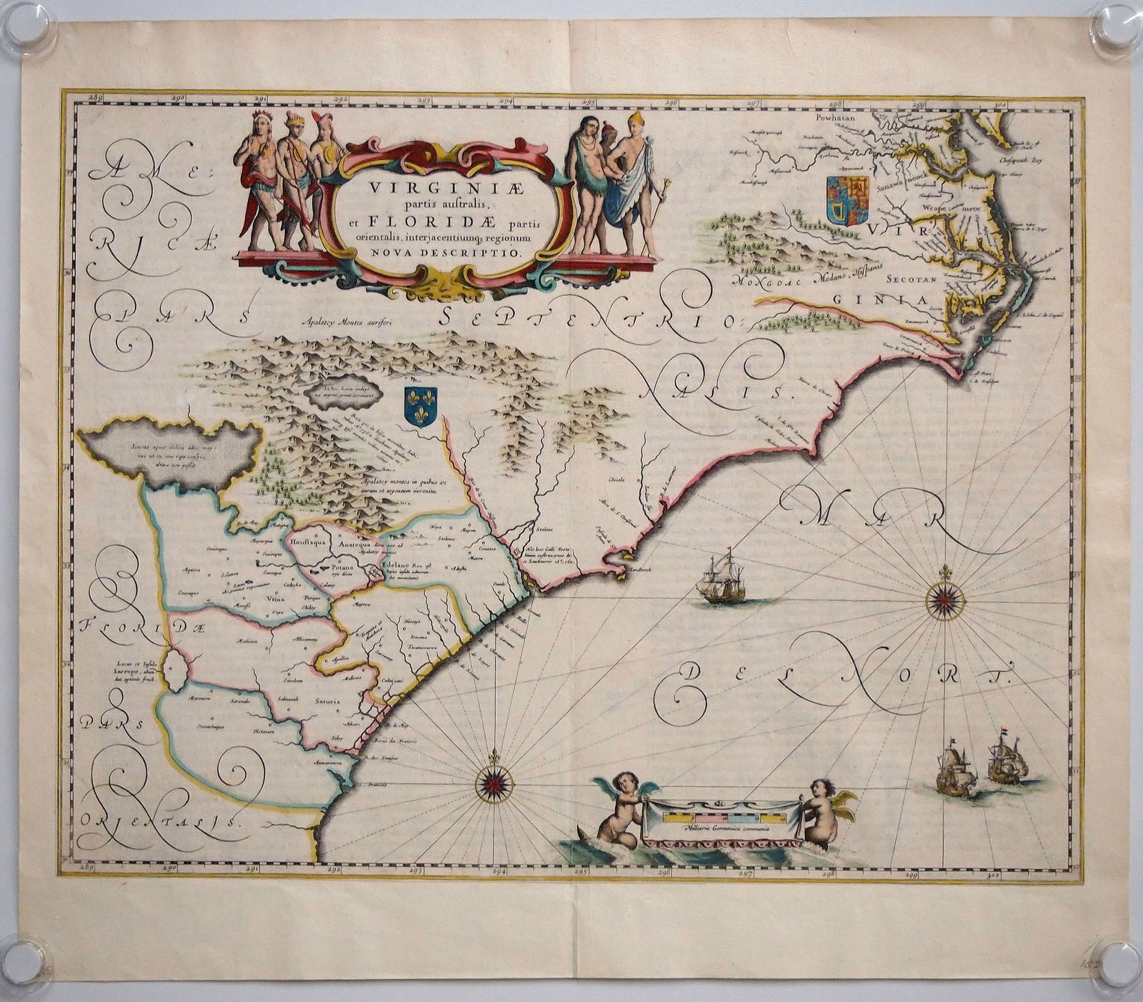 1640 Map By W.J. Blaeu: A 17th century map entitled "Virginiae Partis australis, et Floridae partis orientalis, interjacentiumqus regionum Nova Descriptio" by Willem Janszoon Blaeu, ca. 1640. Hand-colored engraving on paper.