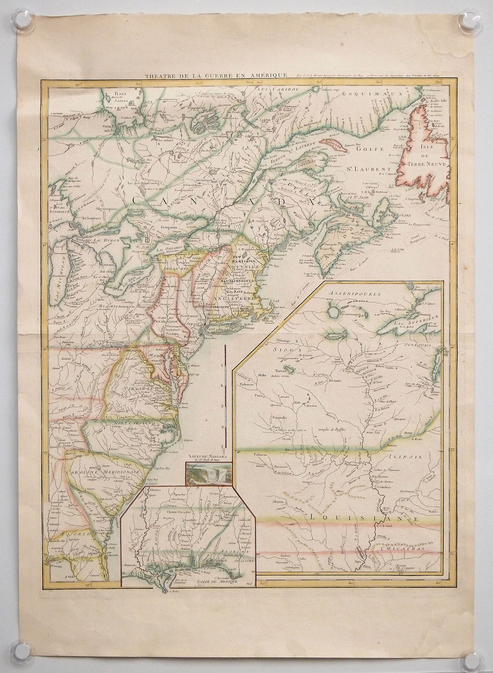 1777 Map By G.L. Le Rouge: An 18th century map entitled "Theatre De La Guerre En Amerique . . . " by Georges-Louis Le Rouge, 1777. Hand-colored engraving on paper. Depicts Southern Canada and the British Colonies West to the Gr
