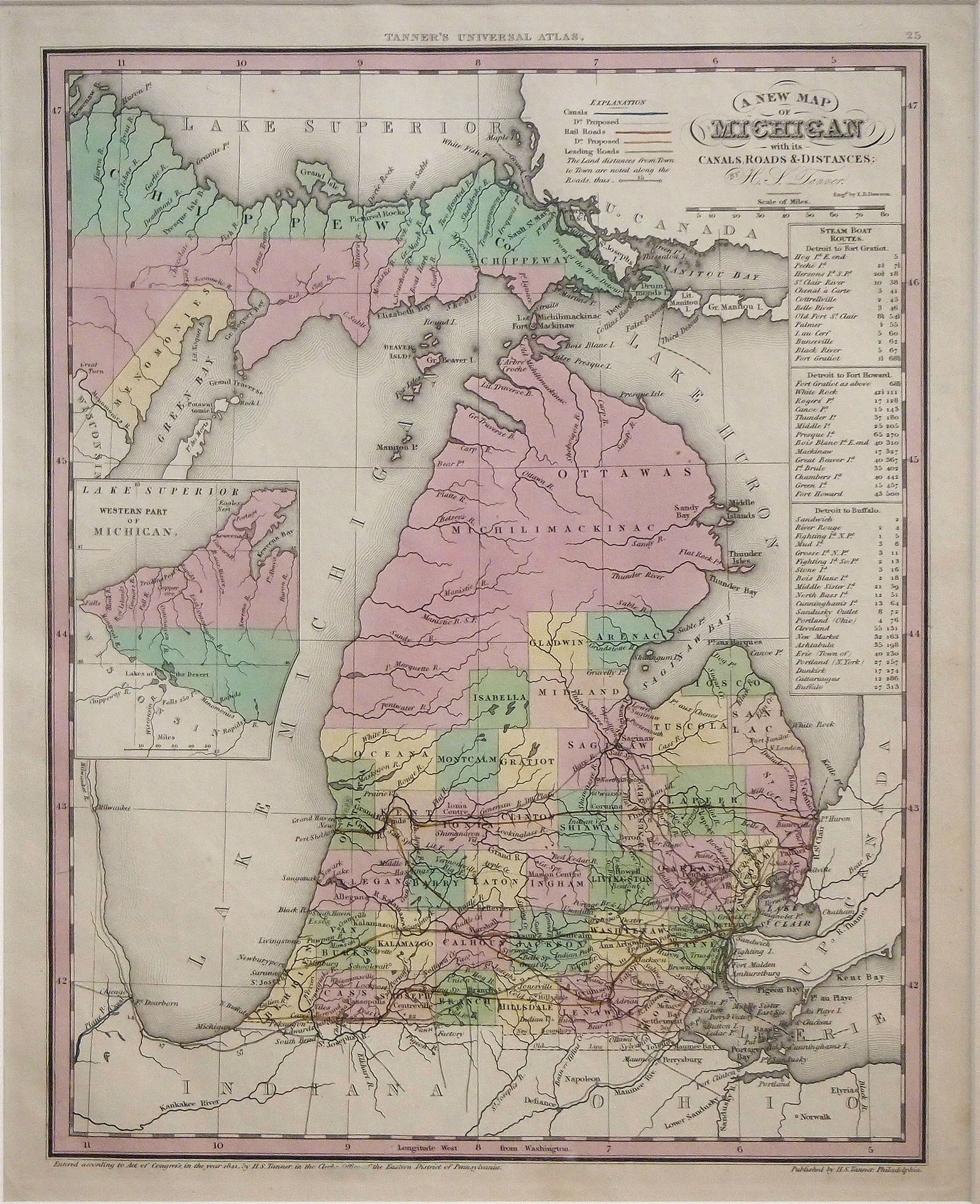 1845 Map By H.S. Tanner: A 19th century map entitled "A New Map Of Michigan with its Canals, Roads & Distances" by H. S. Tanner, 1845. Hand-colored engraving on paper. Depicts the State's counties in the Southern Lower Penins