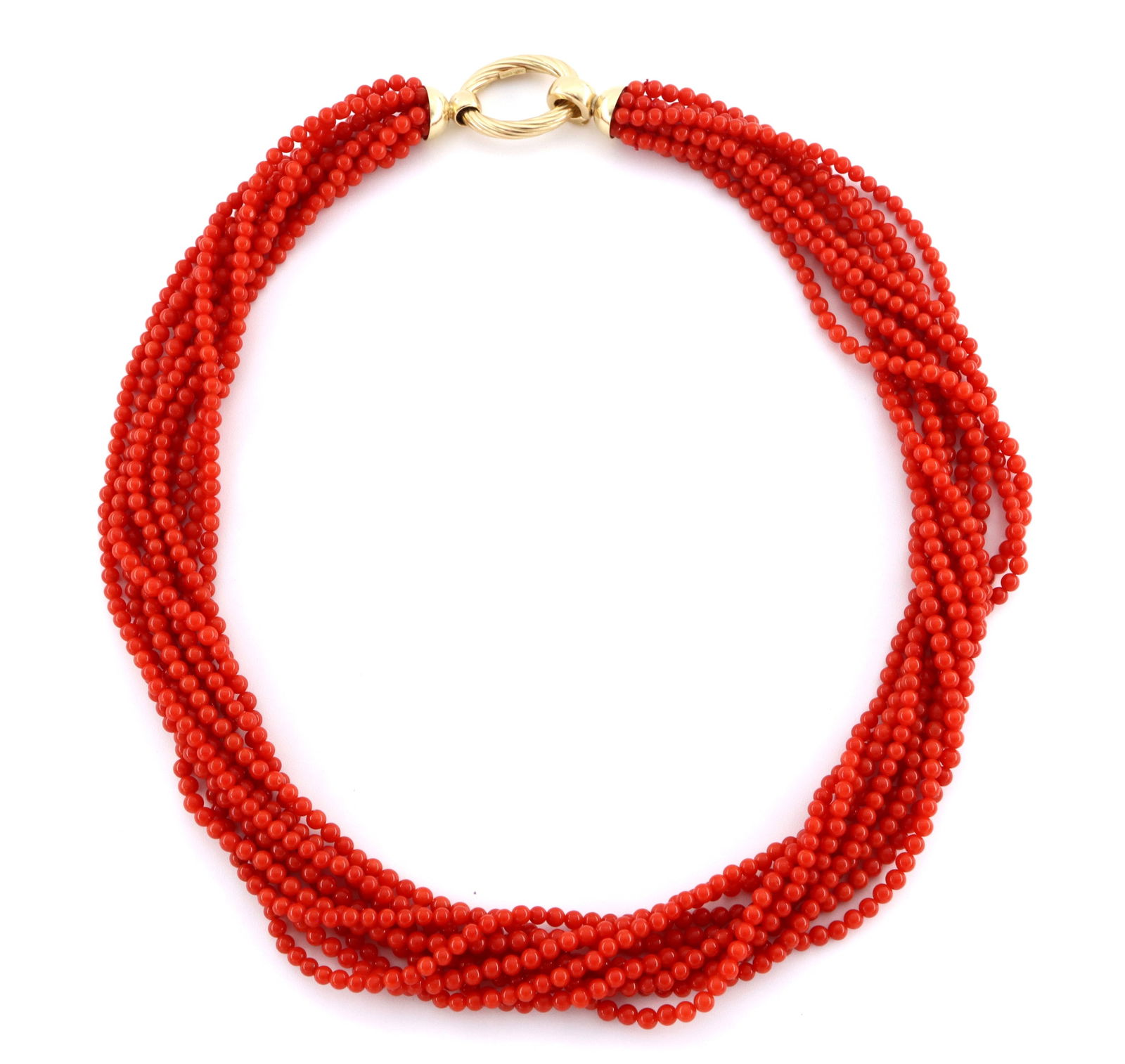 Italian 18k Gold & Coral Torsade Necklace: An Italian multi-strand Coral torsade necklace with 18k Gold clasp. Features nine strands of approx. 3.25 mm Coral beads. Marked "750" with Arezzo hallmark. 65.4 grams total. Slight wear. 19" long ope