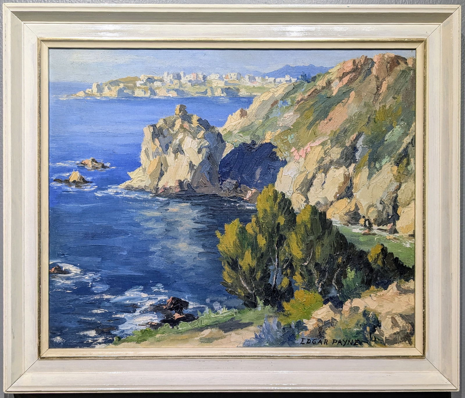 E.A. Payne French Coastal Scene: Edgar Alwin Payne, American, 1883-1947. A 1920's oil on canvas Normandy, France coastal scene, titled "Day Out to Yport". Signed "Edgar Payne" lower right, additionally signed and annotated "On Elsie'