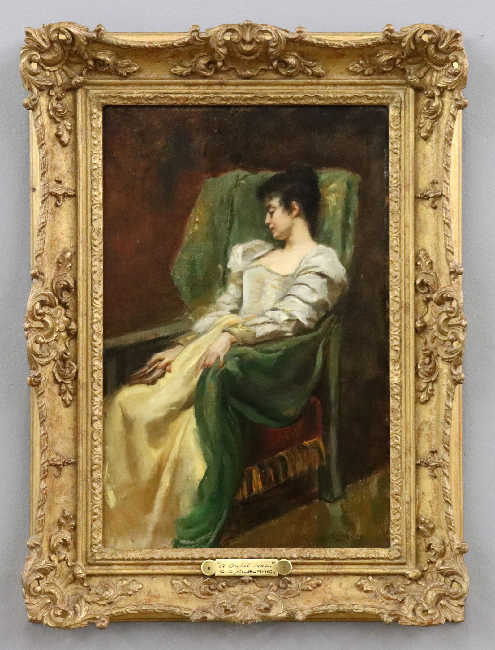 G.G. Kilburne Portrait of a Sleeping Woman: George Goodwin Kilburne, English, 1839-1924. A late 19th century oil on canvas portrait of a sleeping woman, titled "A Quiet Nap". Full length depiction of a woman in a silk gown, drifting to sleep wi