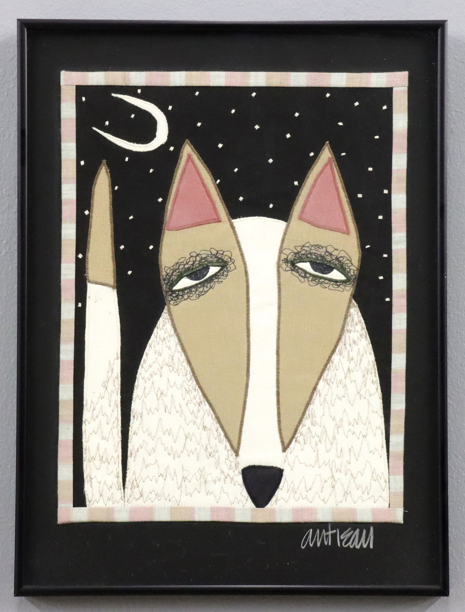 C. Roberts-Antieau Textile Coyote: Chris Roberts-Antieau, American, b. 1950. An early 2000's fabric applique and embroidery composition depicting a coyote. Signed "Antieau" with "Chris Roberts-Antieau Studio" Ann Arbor label verso. Min