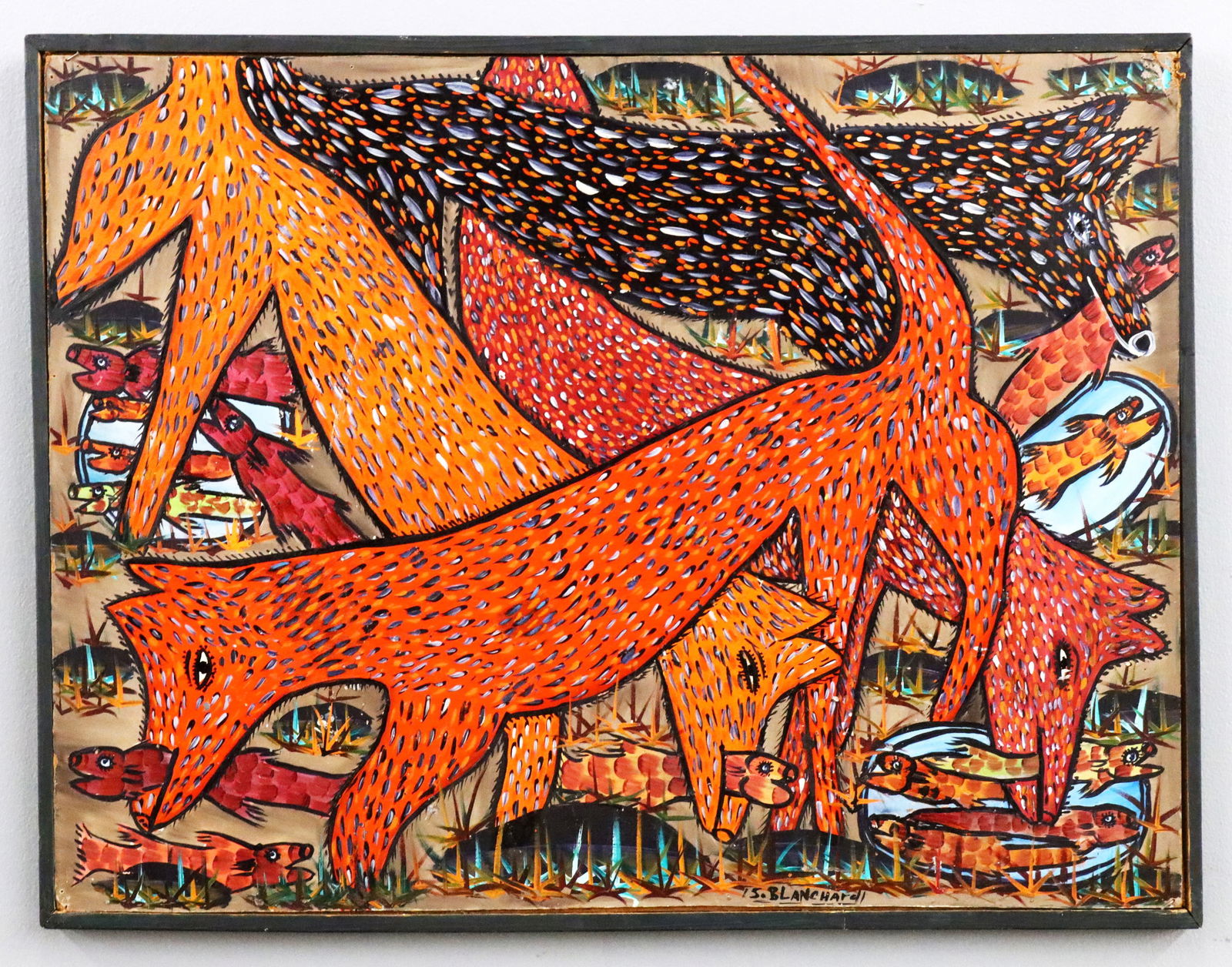 Sisson Blanchard Folk Art Scene: Sisson Blanchard, Haitian, 1929-1981. A mid to late 20th century oil on Masonite Folk Art painting. Depicts stylized Red and Black canines catching fish. Signed "S. Blanchard" lower center right. Mino