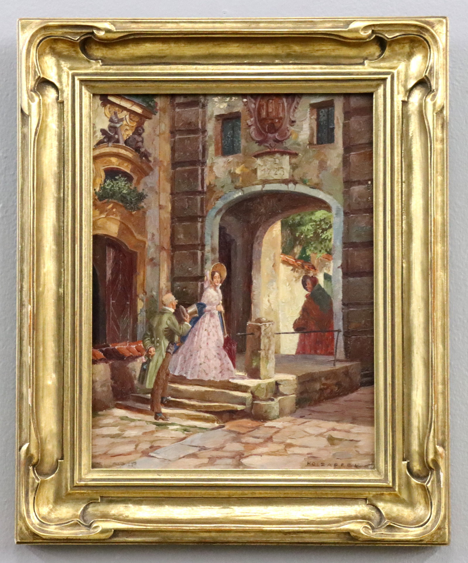 Hans Holzapfel Romantic Genre Scene: Hans Holzapfel, German, 1884-1960. A 1920's oil on panel genre scene, titled "Der Alte Verehrer" (The Old Admirer). Depicts an older man with rose courting a young woman under the watchful gaze of her